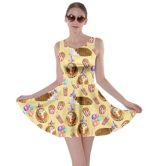 CowCow Skater Dress, Yellow w Birthday Cats, 5X - Picture 2 of 3